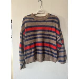 AERIE Flurry Crew Sweater Cappucino Striped Tan Blue Red Oversized Small SOFT
